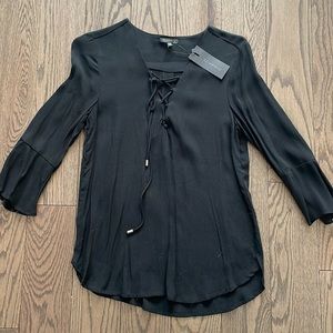 Black 3/4 sleeve blouse with neck lace up tie